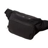 Riñonera negra de tela con dos compartimentos con cierre y correa ajustable con hebilla.