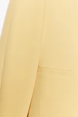 Blazer amarillo pálido de corte recto, con escote en pico y manga larga. Presenta bolsillos de ojal en el delantero y cierre frontal con botones a presión.
