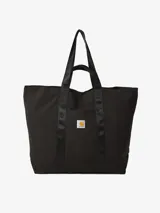 Bolso tote negro de Carhartt WIP, modelo Canby. Confeccionado en tafetán de nailon ligero, con compartimento principal con cierre de botón a presión, bolsillo interior con cremallera y bolsillo exterior. Asas de cincha resistentes y etiqueta cuadrada de Carhartt.