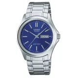 Reloj Casio con caja y correa de acero plateado, esfera azul, agujas plateadas y función de calendario con día de la semana y fecha.