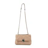 Cartera bandolera rectangular acolchada color taupe, de símil cuero soft, con cadena plateada y logo XL Extra Large al frente.
