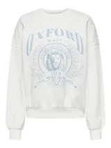 Sudadera blanca de cuello redondo y mangas largas con hombros caídos, puños y dobladillo elásticos. Estampado frontal con la palabra 'Oxford' en azul y un escudo con un león.