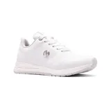 Championes deportivos blancos de cuero sintético, con cordones y logo plateado en el lateral.