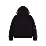Campera con capucha y cierre frontal completo, color negro, con logo Trapstar en el pecho y estampado de letras en la manga izquierda.