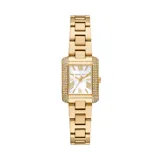Reloj Michael Kors modelo Emery, con caja rectangular dorada con cristales incrustados y esfera blanca con números romanos. La pulsera es de acero inoxidable dorado con cierre de hebilla desplegable. Resistente al agua hasta 50 metros.