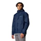 Campera cortaviento negra con capucha, cierre frontal y tecnología Omni-Tech impermeable y transpirable.