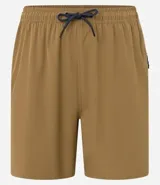 Bermuda color beige, con cintura elástica, cordón para ajuste, bolsillos laterales y trasero.