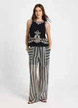 Blusa negra sin mangas con cuello redondo y detalles bordados en contraste color crudo en cuello, sisas y bajo. Presenta apliques ornamentales en el centro de la parte delantera y trasera, detalles calados con transparencias y abertura en forma de lágrima en la espalda con cierre de un botón.