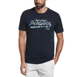 Remera de hombre Original Penguin de algodón color azul marino con estampado frontal con el logo de la marca en tonos celeste, naranja y blanco.