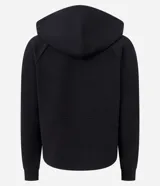 Campera deportiva verde esmeralda de modal, con capucha ajustable con cordón, cierre frontal con cremallera y bolsillos laterales.
