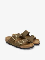 Sandalias Birkenstock Arizona con estampado animal print en tonos marrones y hebillas metálicas ajustables.