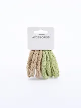 Pack de seis coleros elásticos para el pelo, color verde y beige, con textura acanalada.