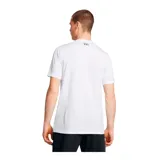 Remera deportiva Under Armour Project Rock, color blanco, de corte clásico y mangas cortas. Presenta un estampado frontal con el logo de Project Rock y la leyenda "Project Rock".