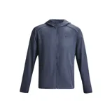 Campera deportiva Under Armour Launch Hooded Jacket, color gris azulado, con cierre frontal completo, capucha y logo en el pecho.