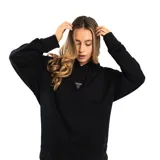 Canguro negro con capucha y cordones ajustables, de corte clásico y logo bordado en el pecho.