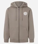 Hoodie con cierre frontal, capucha con cordón ajustable y bolsillos canguro. Presenta un estampado circular de letras en el pecho.