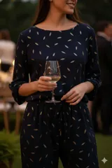 Conjunto azul marino estampado, compuesto por una blusa de mangas 3/4 con escote redondo y un pantalón de corte recto con cintura elastizada y lazo ajustable.