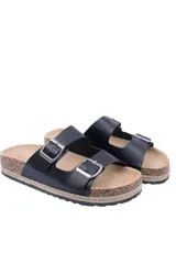 Sandalias negras con dos tiras anchas con hebillas ajustables, plantilla de corcho y suela plana con ribete de yute.