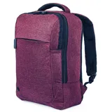 Mochila color bordó con detalles en negro, con compartimento principal con cierre, bolsillo frontal con cierre y correas acolchadas ajustables.