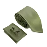 Set de corbata, pañuelo de bolsillo y gemelos color verde oliva con micro diseño geométrico.
