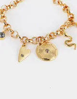 Pulsera dorada flexible con dijes místicos y strass. Incluye dijes de corazón, serpiente, moneda y cristales grises. Cierre de mosquetón con cadena de alargue.