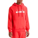 Buzo hoodie rojo con cordones y logo Diadora estampado en blanco en el pecho.