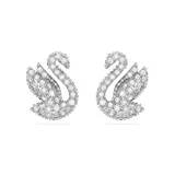 Par de aros de botón Swarovski con forma de cisne, adornados con cristales pavé transparentes y baño de rodio.