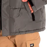 Campera puffer amarilla con cuello alto y parte superior en pana negra. Tiene cierre frontal con velcro, bolsillos laterales con cierre y puños ajustables.