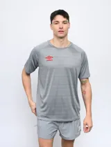 Remera deportiva Umbro color gris claro con patrón de rayas horizontales sutiles en el cuerpo y paneles lisos en hombros y mangas. Posee cuello redondo y logo Umbro en rojo en el pecho.