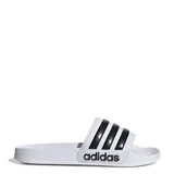 Chanclas Adidas Adilette Shower blancas con tres tiras negras y logo Adidas en el lateral. Con amortiguación Cloudfoam.