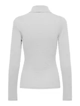 Top de manga larga con cuello alto, color gris claro jaspeado y corte ajustado.