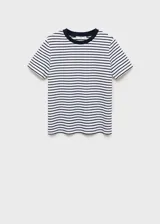 Camiseta blanca con rayas horizontales negras, cuello redondo y ribete en contraste negro.