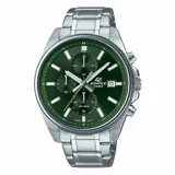 Reloj Casio Edifice con correa de acero plateado y esfera verde con cronógrafo.