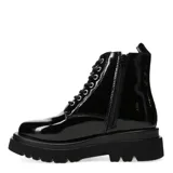 Botas de caña media estilo militar, color blanco hueso con acabado charol brillante. Cuentan con cordones blancos y suela track gruesa y negra.