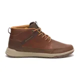 Bota unisex Caterpillar Quest Mid de cuero color marrón, con cordones y suela de goma color beige.