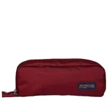 Cartuchera Jansport modelo Perfect Pouch, color rojo oscuro (borgoña), con forma alargada y cierre superior. Presenta el logo rectangular de Jansport en color azul y blanco en el frente.