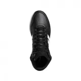 Championes Adidas Hoops 3.0 de caña alta, color negro con detalles en blanco, con las tres tiras características de la marca en los laterales y suela blanca.