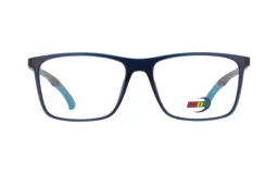 Armazón para lentes de receta MDQ modelo T02, color azul brillante, de forma rectangular con patillas celestes y logo de la marca en el lateral.