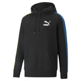 Hoodie negro con detalles en azul y verde, de corte estándar y logo de Puma en el pecho.