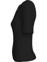 Remera negra de algodón elástico con textura de canalé fino, corte ajustado, cuello redondo, mangas cortas e insignia del monograma de Calvin Klein en el dobladillo.