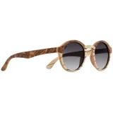 Lentes de sol con montura de madera clara con vetas marrones y lentes grises degradadas.