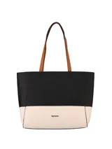 Bolso tipo tote combinado en color negro y beige, con doble asa de hombro color marrón.