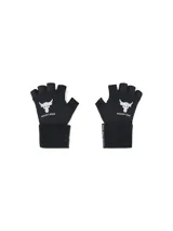 Par de guantes de entrenamiento negros, sin dedos, con logo de Project Rock en el dorso y leyenda "Blood. Sweat. Respect." en la muñequera.