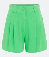 Short verde de lino con cintura alta, trabillas, cierre con botón y cremallera y pliegues delanteros.