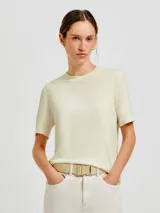 Remera color marrón claro, de corte recto, con cuello redondo y mangas cortas.