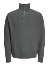 Cárdigan gris de punto con cierre de cremallera, cuello alto y mangas largas.
