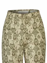 Pantalón de vestir de mujer con estampado abstracto en tonos beige y marrón.