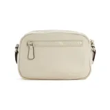 Bandolera Guess Latona color crema con correa ancha ajustable con logo de la marca y monedero extraíble.