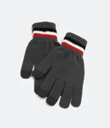 Guantes grises de lana acrílica con rayas horizontales en puño (negro, blanco y rojo) y dedos touch.