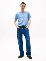 Remera celeste de corte regular con cuello redondo y logo Tommy Jeans estampado en el pecho.